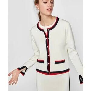 ZARA S Knit Pearl Cardigan V White Stripe-Trim Red Blue Sweater Cropped Classic
